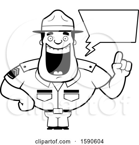 Clipart of a Cartoon Black and White Male Drill Sergeant Holding up a Finger and Talking - Royalty Free Vector Illustration by Cory Thoman