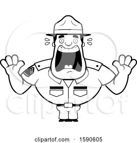 Clipart of a Cartoon Black and White Scared Male Drill Sergeant - Royalty Free Vector Illustration by Cory Thoman