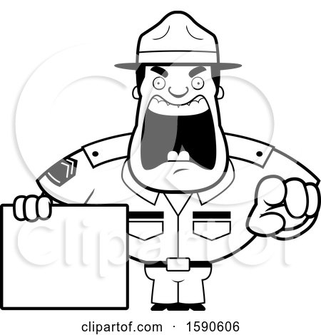 Clipart of a Cartoon Black and White Male Drill Sergeant Shouting, Pointing and Holding a Blank Sign - Royalty Free Vector Illustration by Cory Thoman