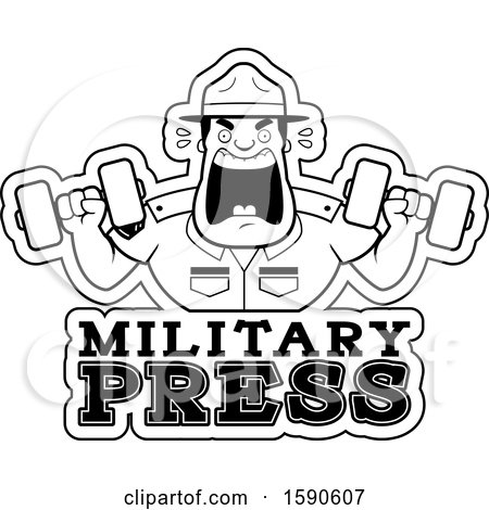 Clipart of a Cartoon Black and White Male Drill Sergeant Holding Dumbbells and Shouting over Military Press Text - Royalty Free Vector Illustration by Cory Thoman