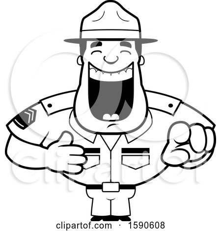Clipart of a Cartoon Black and White Laughing and Pointing Male Drill Sergeant - Royalty Free Vector Illustration by Cory Thoman