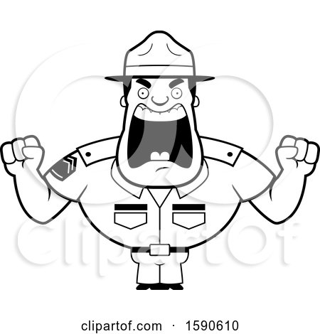 Clipart of a Cartoon Black and White Angry Male Drill Sergeant - Royalty Free Vector Illustration by Cory Thoman