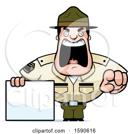 Clipart of a Cartoon Male Drill Sergeant Shouting, Pointing and Holding a Blank Sign - Royalty Free Vector Illustration by Cory Thoman