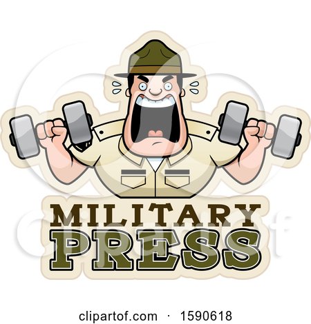 Clipart of a Cartoon Male Drill Sergeant Holding Dumbbells and Shouting over Military Press Text - Royalty Free Vector Illustration by Cory Thoman