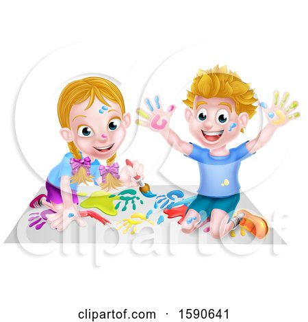 Clipart of a Cartoon Happy White Boy and Girl Kneeling on Paper and and Painting - Royalty Free Vector Illustration by AtStockIllustration
