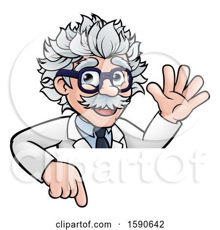 Clipart of a Cartoon Senior Male Scientist Giving a Waving and Pointing down over a Sign - Royalty Free Vector Illustration by AtStockIllustration