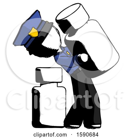 Ink Police Man Holding Large White Medicine Bottle with Bottle in Background by Leo Blanchette