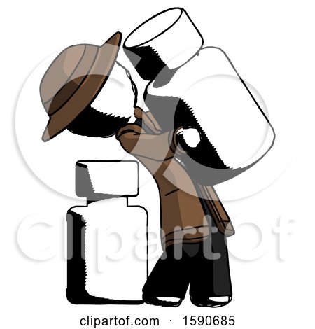Ink Detective Man Holding Large White Medicine Bottle with Bottle in Background by Leo Blanchette