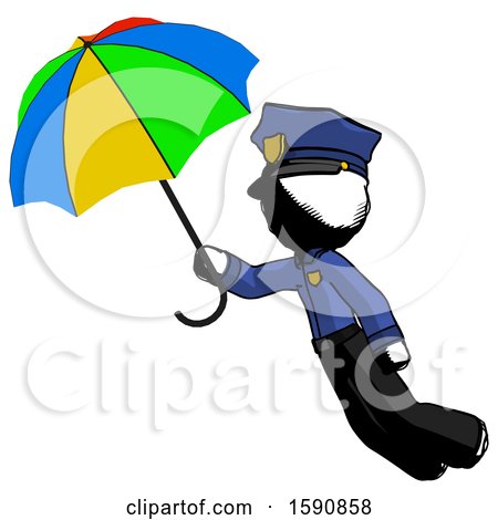 Ink Police Man Flying with Rainbow Colored Umbrella by Leo Blanchette