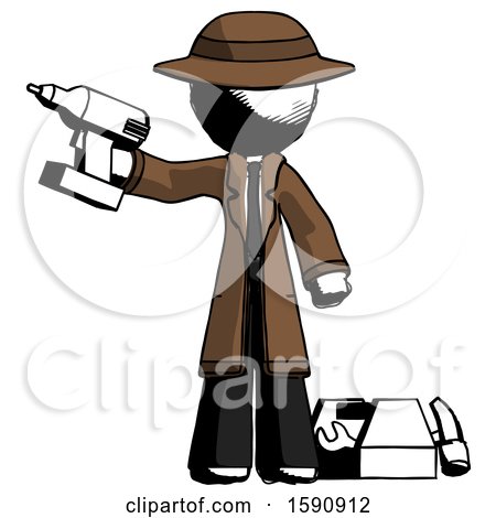 Ink Detective Man Holding Drill Ready to Work, Toolchest and Tools to Right by Leo Blanchette
