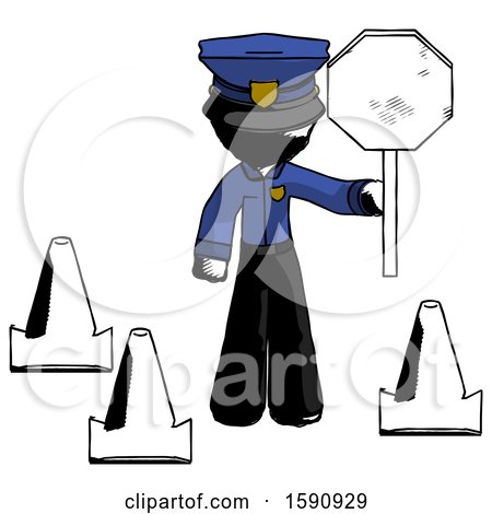 Ink Police Man Holding Stop Sign by Traffic Cones Under Construction Concept by Leo Blanchette