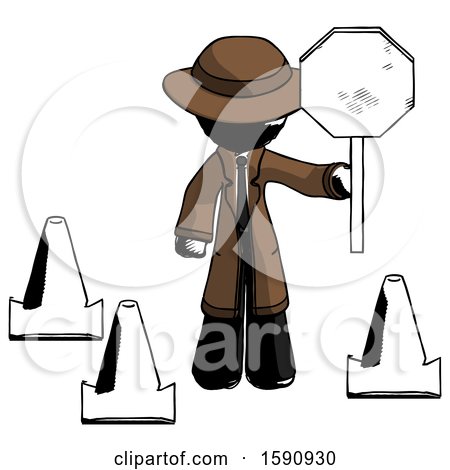 Ink Detective Man Holding Stop Sign by Traffic Cones Under Construction Concept by Leo Blanchette