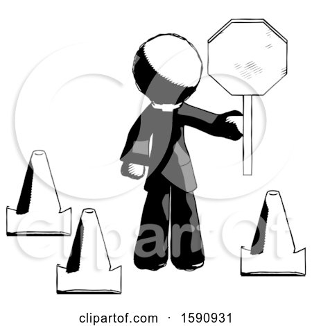 Ink Clergy Man Holding Stop Sign by Traffic Cones Under Construction Concept by Leo Blanchette