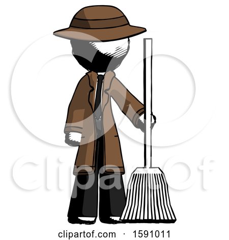 Ink Detective Man Standing with Broom Cleaning Services by Leo Blanchette