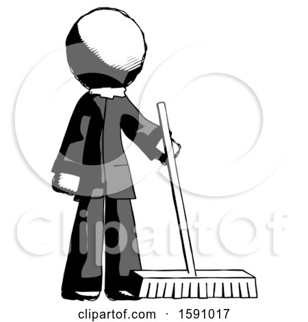Ink Clergy Man Standing with Industrial Broom by Leo Blanchette
