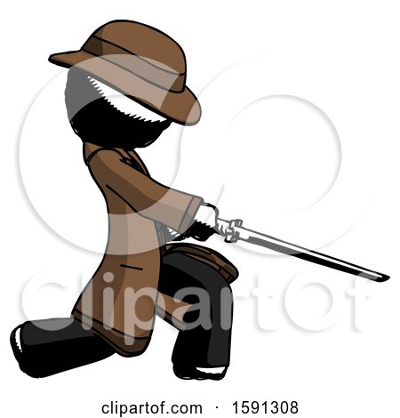 Ink Detective Man with Ninja Sword Katana Slicing or Striking Something by Leo Blanchette