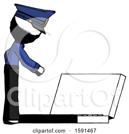 Ink Police Man Using Large Laptop Computer Side Orthographic View by Leo Blanchette