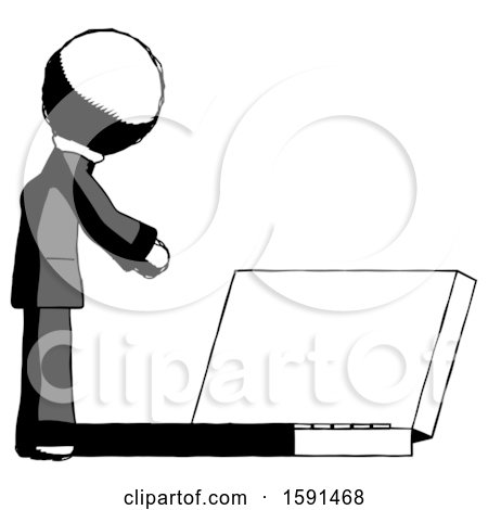 Ink Clergy Man Using Large Laptop Computer Side Orthographic View by Leo Blanchette