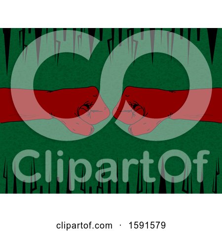 Clipart of Red Fisted Hands Bumping, over a Green and Black Background - Royalty Free Vector Illustration by elaineitalia