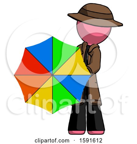 Pink Detective Man Holding Rainbow Umbrella out to Viewer by Leo Blanchette