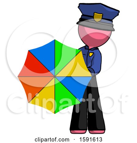 Pink Police Man Holding Rainbow Umbrella out to Viewer by Leo Blanchette