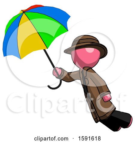 Pink Detective Man Flying with Rainbow Colored Umbrella by Leo Blanchette