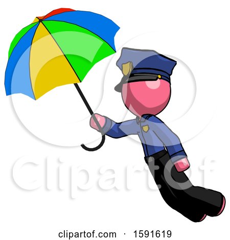 Pink Police Man Flying with Rainbow Colored Umbrella by Leo Blanchette