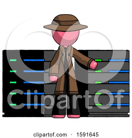 Pink Detective Man with Server Racks, in Front of Two Networked Systems by Leo Blanchette
