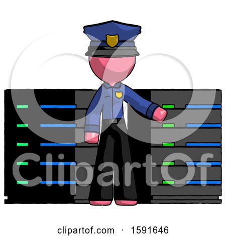 Pink Police Man with Server Racks, in Front of Two Networked Systems by Leo Blanchette
