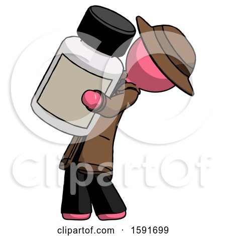 Pink Detective Man Holding Large White Medicine Bottle by Leo Blanchette