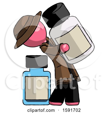 Pink Detective Man Holding Large White Medicine Bottle with Bottle in Background by Leo Blanchette