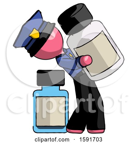 Pink Police Man Holding Large White Medicine Bottle with Bottle in Background by Leo Blanchette