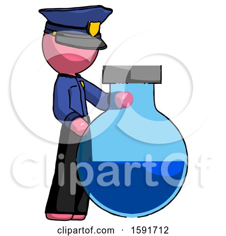 Pink Police Man Standing Beside Large Round Flask or Beaker by Leo Blanchette