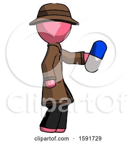 Pink Detective Man Holding Blue Pill Walking to Right by Leo Blanchette