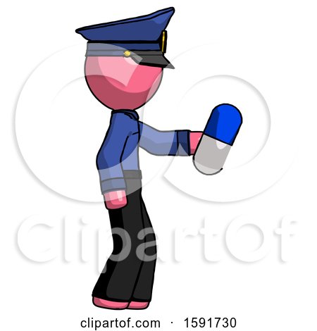 Pink Police Man Holding Blue Pill Walking to Right by Leo Blanchette