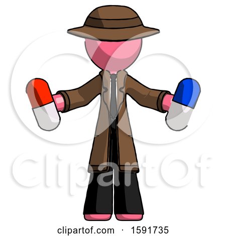 Pink Detective Man Holding a Red Pill and Blue Pill by Leo Blanchette
