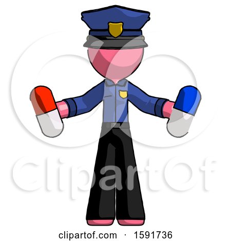 Pink Police Man Holding a Red Pill and Blue Pill by Leo Blanchette