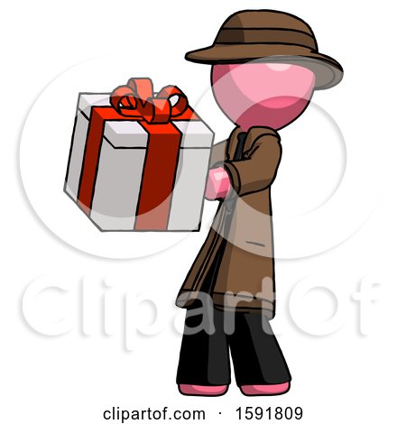 Pink Detective Man Presenting a Present with Large Red Bow on It by Leo Blanchette