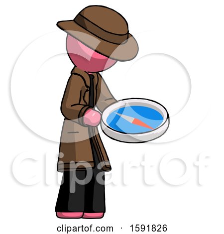 Pink Detective Man Looking at Large Compass Facing Right by Leo Blanchette