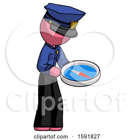 Pink Police Man Looking at Large Compass Facing Right by Leo Blanchette