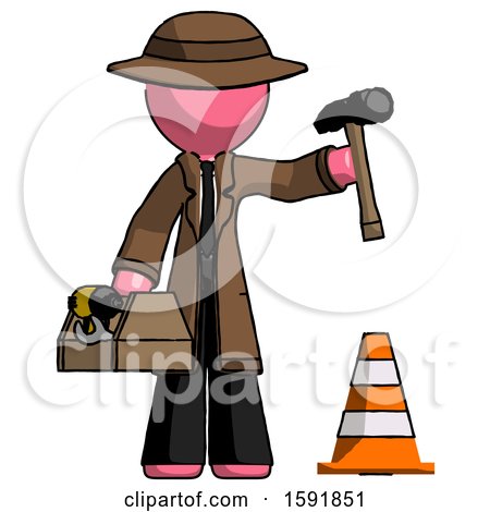 Pink Detective Man Under Construction Concept, Traffic Cone and Tools by Leo Blanchette