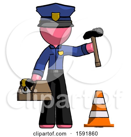 Pink Police Man Under Construction Concept, Traffic Cone and Tools by Leo Blanchette