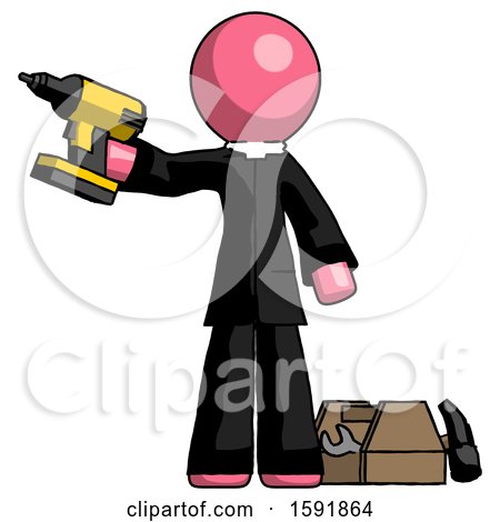 Pink Clergy Man Holding Drill Ready to Work, Toolchest and Tools to Right by Leo Blanchette