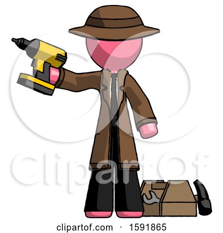 Pink Detective Man Holding Drill Ready to Work, Toolchest and Tools to Right by Leo Blanchette