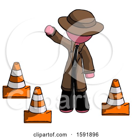 Pink Detective Man Standing by Traffic Cones Waving by Leo Blanchette