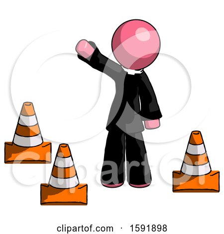 Pink Clergy Man Standing by Traffic Cones Waving by Leo Blanchette