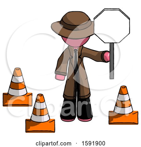 Pink Detective Man Holding Stop Sign by Traffic Cones Under Construction Concept by Leo Blanchette