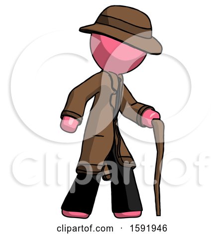 Pink Detective Man Walking with Hiking Stick by Leo Blanchette