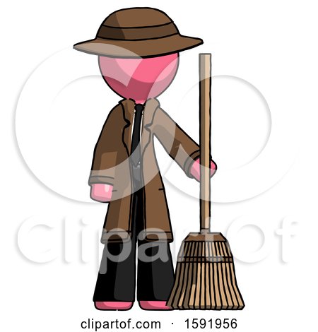 Pink Detective Man Standing with Broom Cleaning Services by Leo Blanchette
