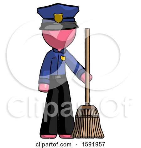 Pink Police Man Standing with Broom Cleaning Services by Leo Blanchette